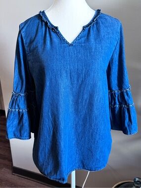 Tres Jolie Accessories Blue Denim-Look V-Neck Ruffle Bell Sleeve Top